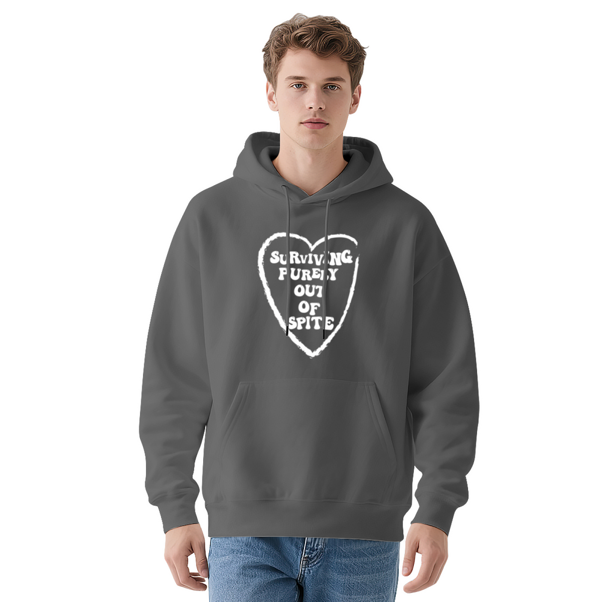 Surviving Purely Out Of Spite Heart Print Hoodie, Comfy Red Casual Hoodie