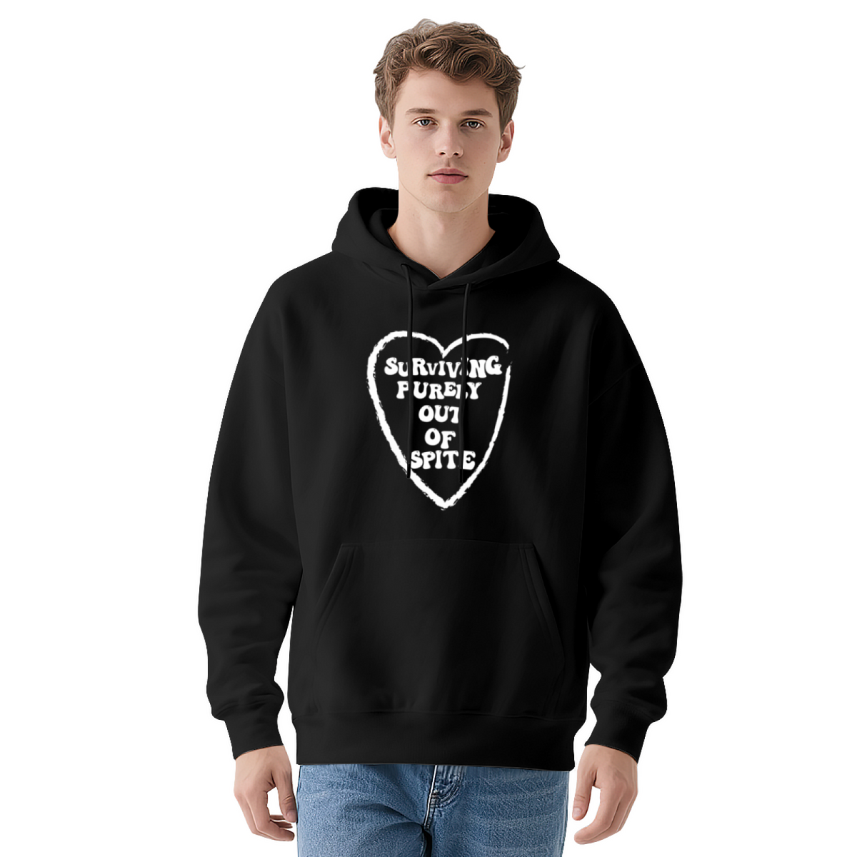 Surviving Purely Out Of Spite Heart Print Hoodie, Comfy Red Casual Hoodie