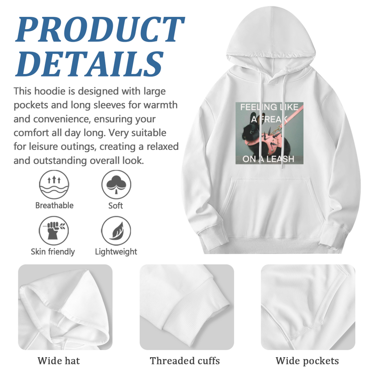 Punk Black Bunny With Leash White Hoodie, Trendy Meme Graphic Comfort Hoodie