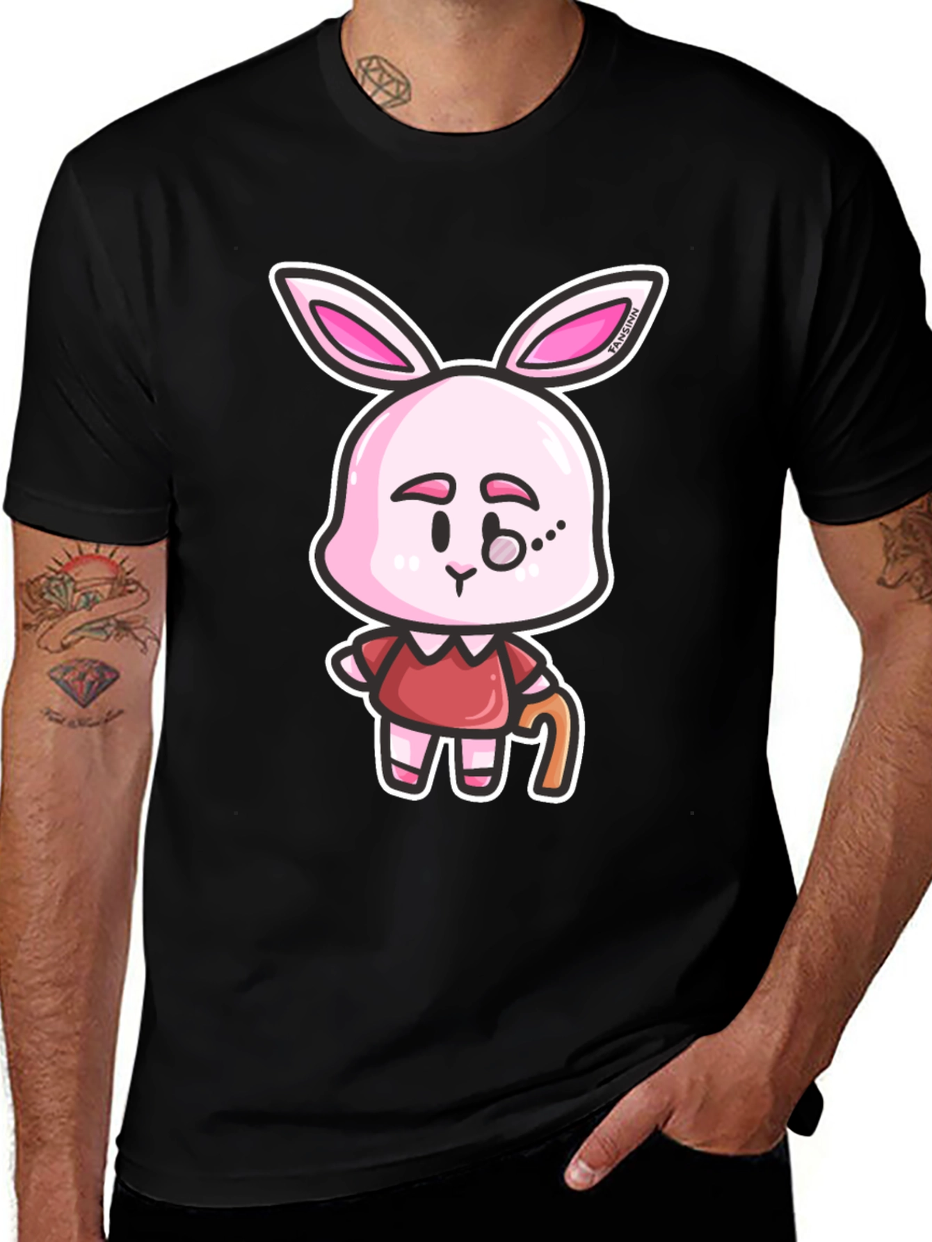 Cartoon Bunny Character Print Black T-Shirt