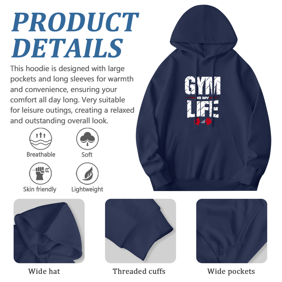Gym Is My Life Dumbbell Navy Hoodie, Fitness Lover Ultra Soft Sweatshirt