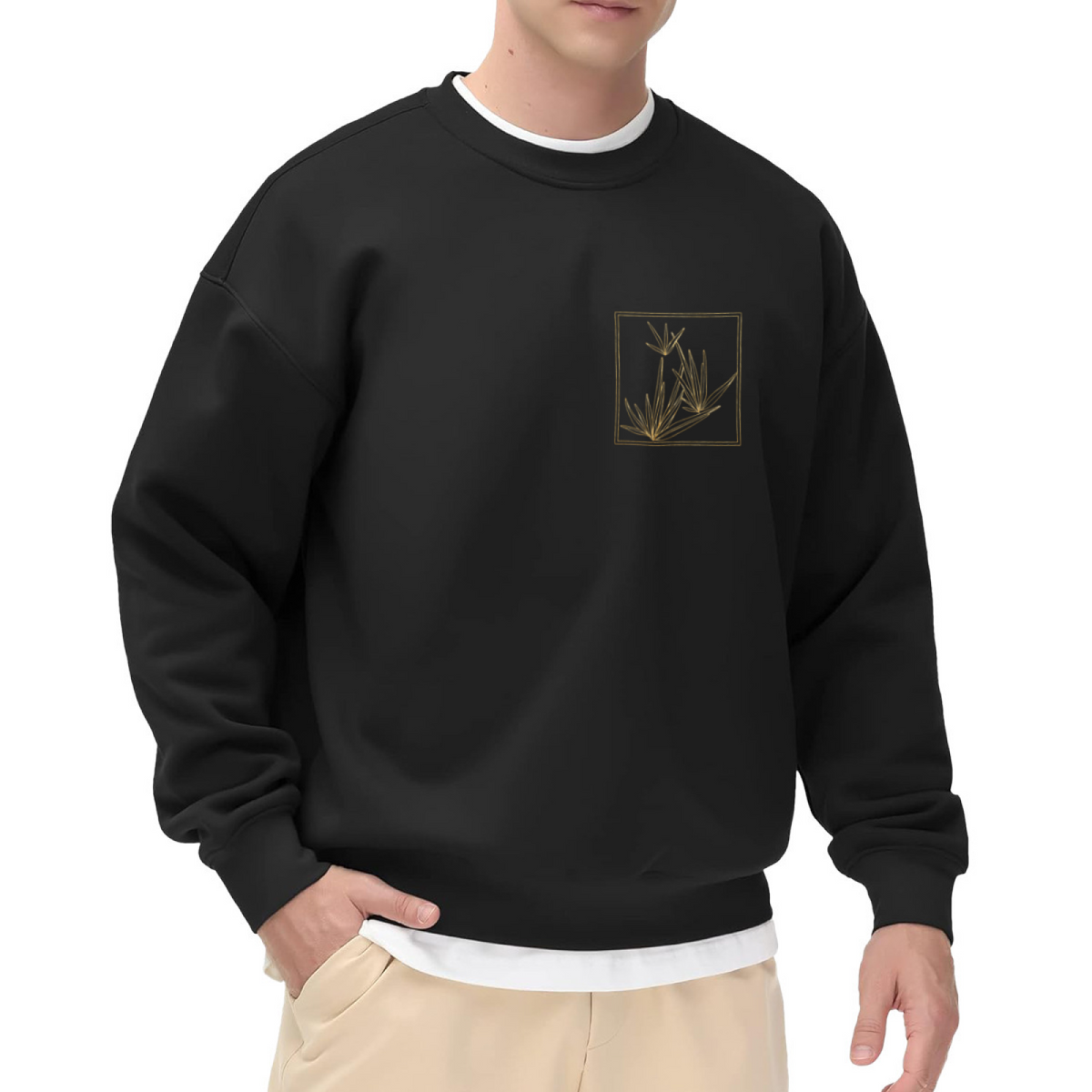 Thin Golden Bamboo Square Frame Black Crewneck Sweatshirt