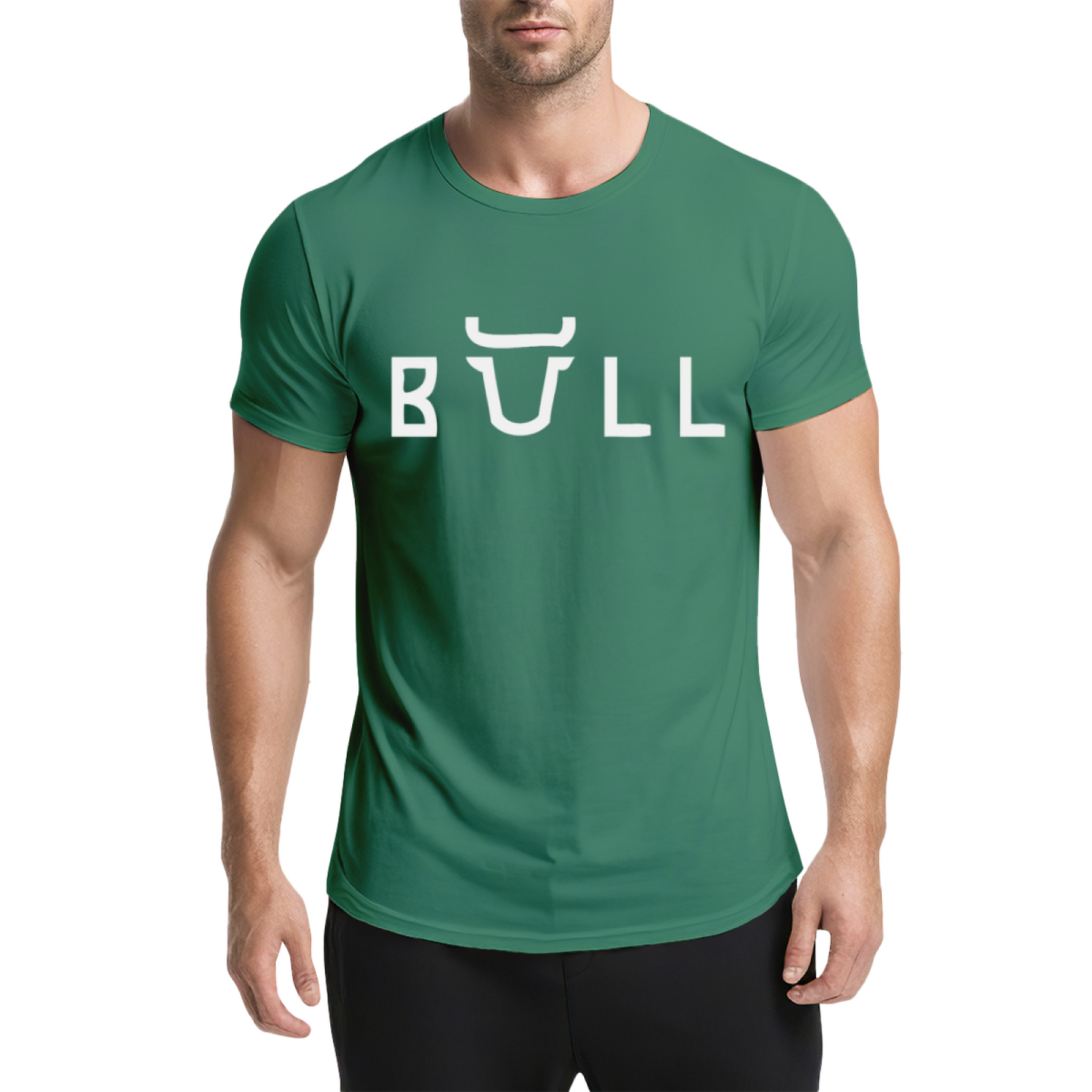 Bull Horn Creative Font Green Graphic Tee, Unique Street Style Heavyweight Shirt