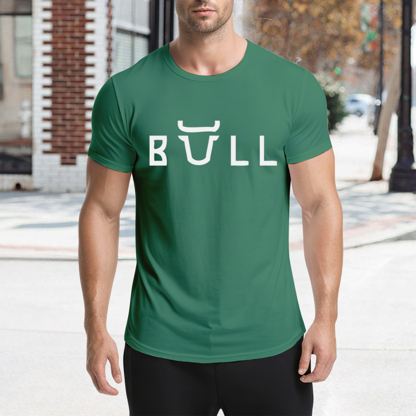 Bull Horn Creative Font Green Graphic Tee, Unique Street Style Heavyweight Shirt