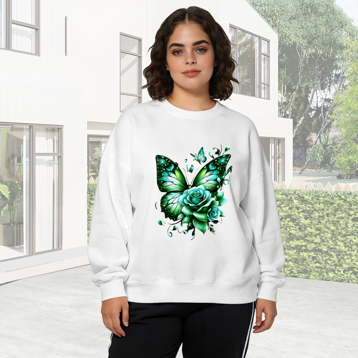 Stunning Teal Butterfly & Rose Floral Crewneck Sweatshirt