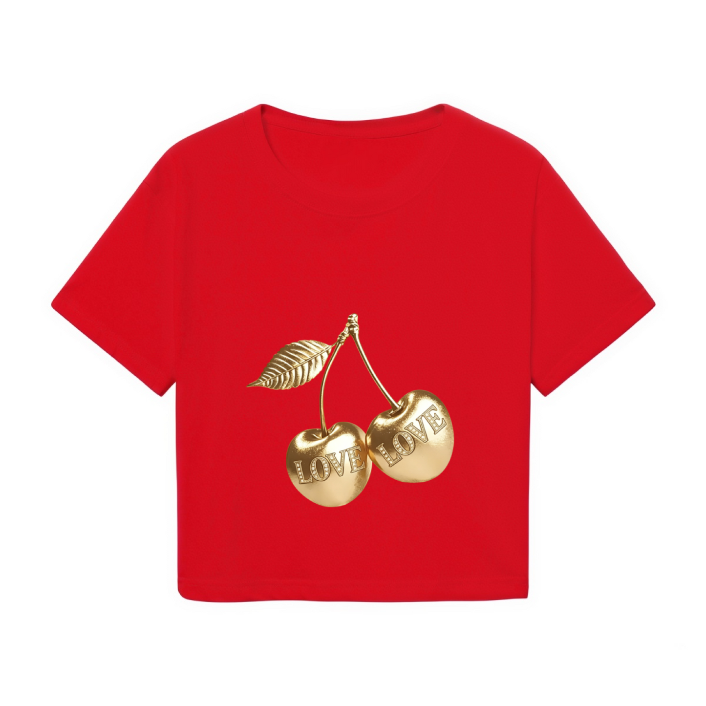 Shiny Gold LOVE Cherries Red Cropped Top ¨C Luxury Fruit Print Y2K Tee