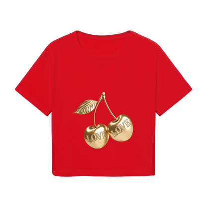 Shiny Gold LOVE Cherries Red Cropped Top ¨C Luxury Fruit Print Y2K Tee