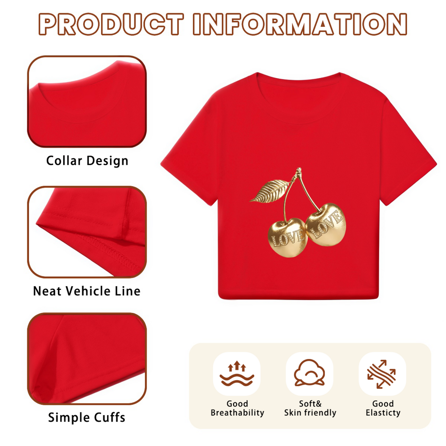 Shiny Gold LOVE Cherries Red Cropped Top ¨C Luxury Fruit Print Y2K Tee