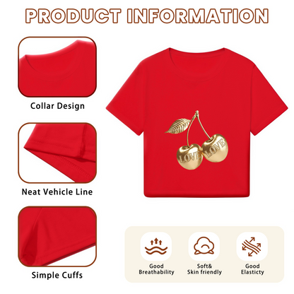 Shiny Gold LOVE Cherries Red Cropped Top ¨C Luxury Fruit Print Y2K Tee
