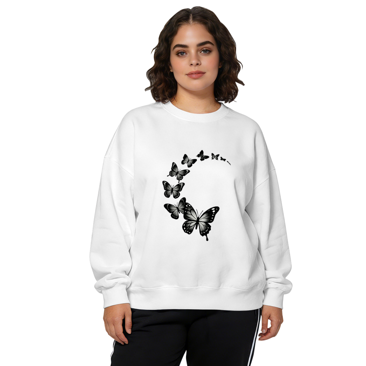 Elegant Curved Black Silhouette Butterfly Crewneck Sweatshirt