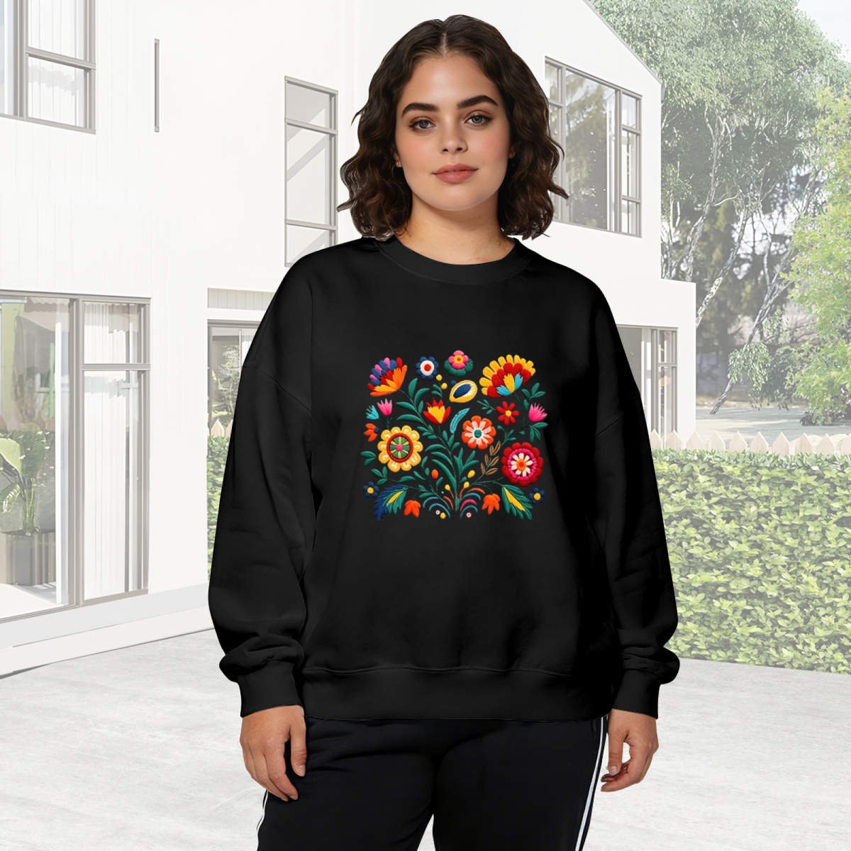 Mexican Folk Art Bright Bohemian Floral Crewneck Sweatshirt