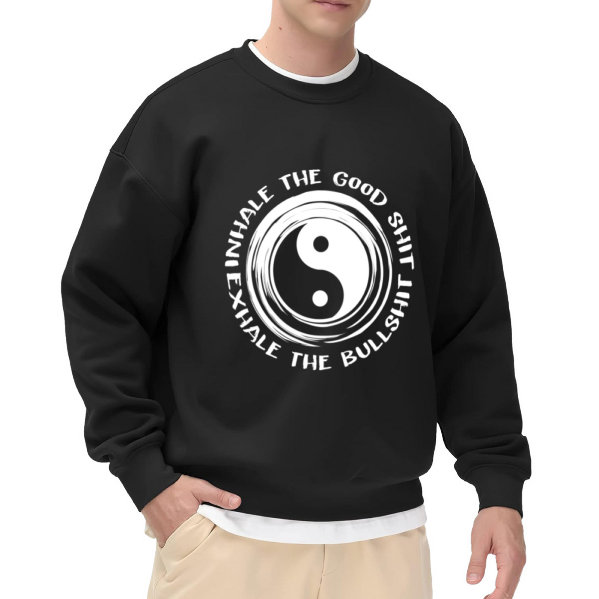 Inhale The Good Exhale The Bad Yin?Yang Slogan Crewneck Sweatshirt