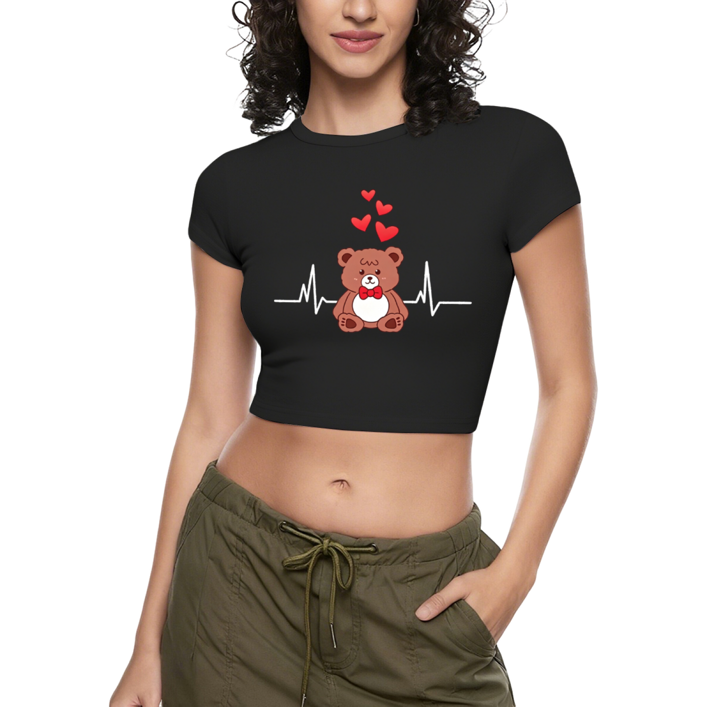 Kawaii Bear Heartbeat Love Grey Crop Tee ¨C Cute Cartoon Daily Baby Top