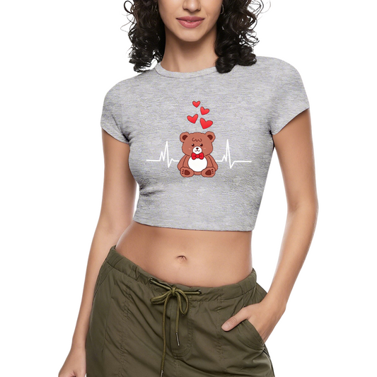 Kawaii Bear Heartbeat Love Grey Crop Tee ¨C Cute Cartoon Daily Baby Top