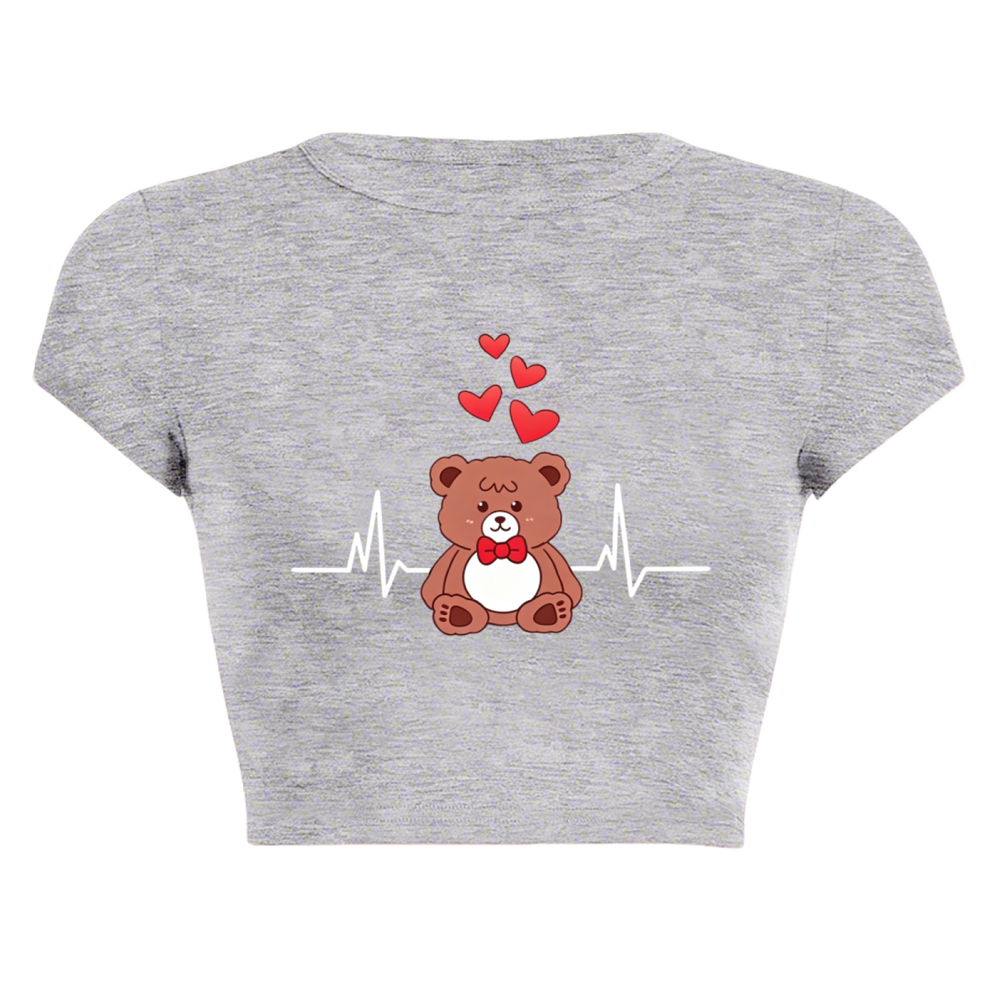 Kawaii Bear Heartbeat Love Grey Crop Tee ¨C Cute Cartoon Daily Baby Top