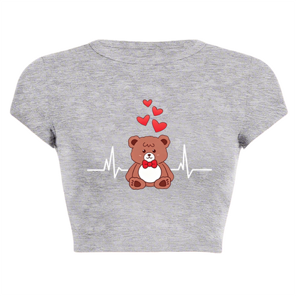 Kawaii Bear Heartbeat Love Grey Crop Tee ¨C Cute Cartoon Daily Baby Top