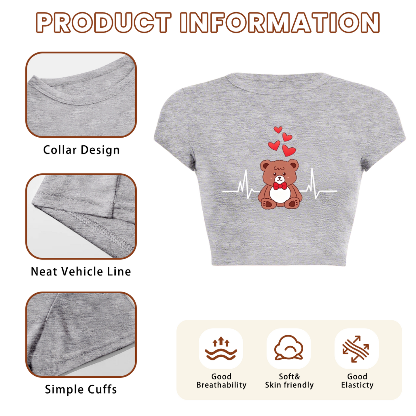 Kawaii Bear Heartbeat Love Grey Crop Tee ¨C Cute Cartoon Daily Baby Top