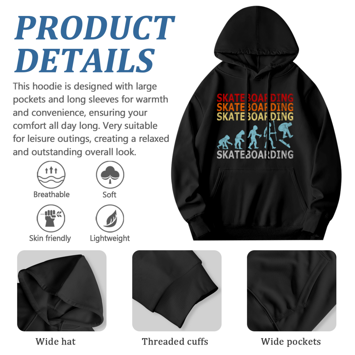 Vintage Evolution Skateboarding Graphic Hoodie, Soft Skater Street Top