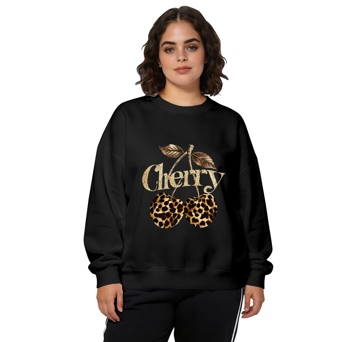 Trendy Leopard Print Cherry Golden Letter Crewneck Sweatshirt