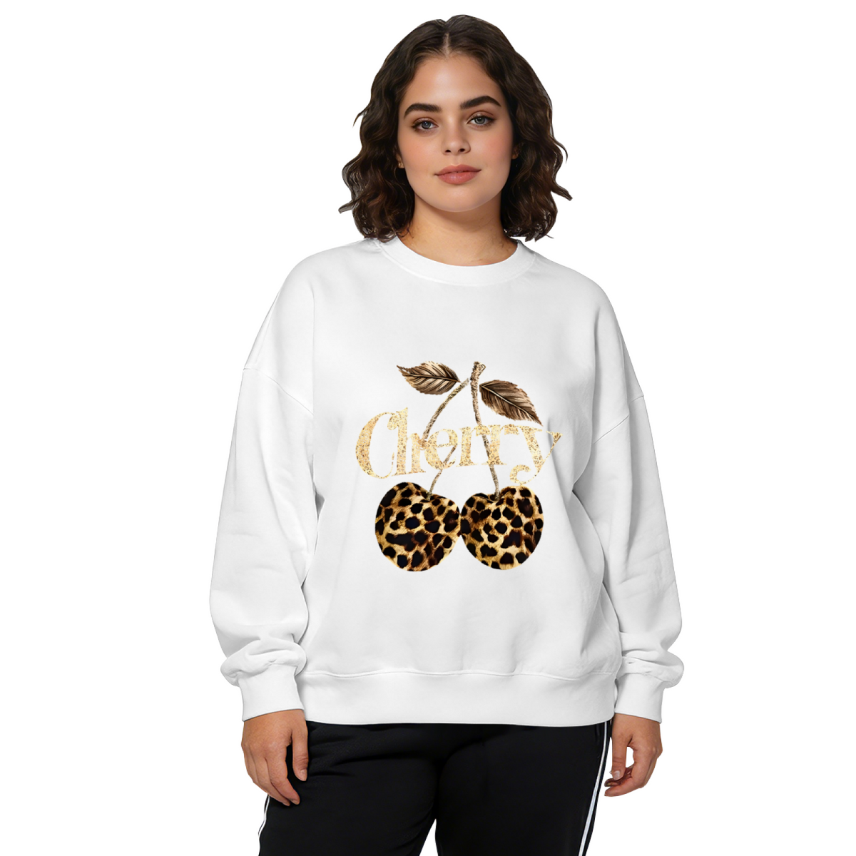 Trendy Leopard Print Cherry Golden Letter Crewneck Sweatshirt