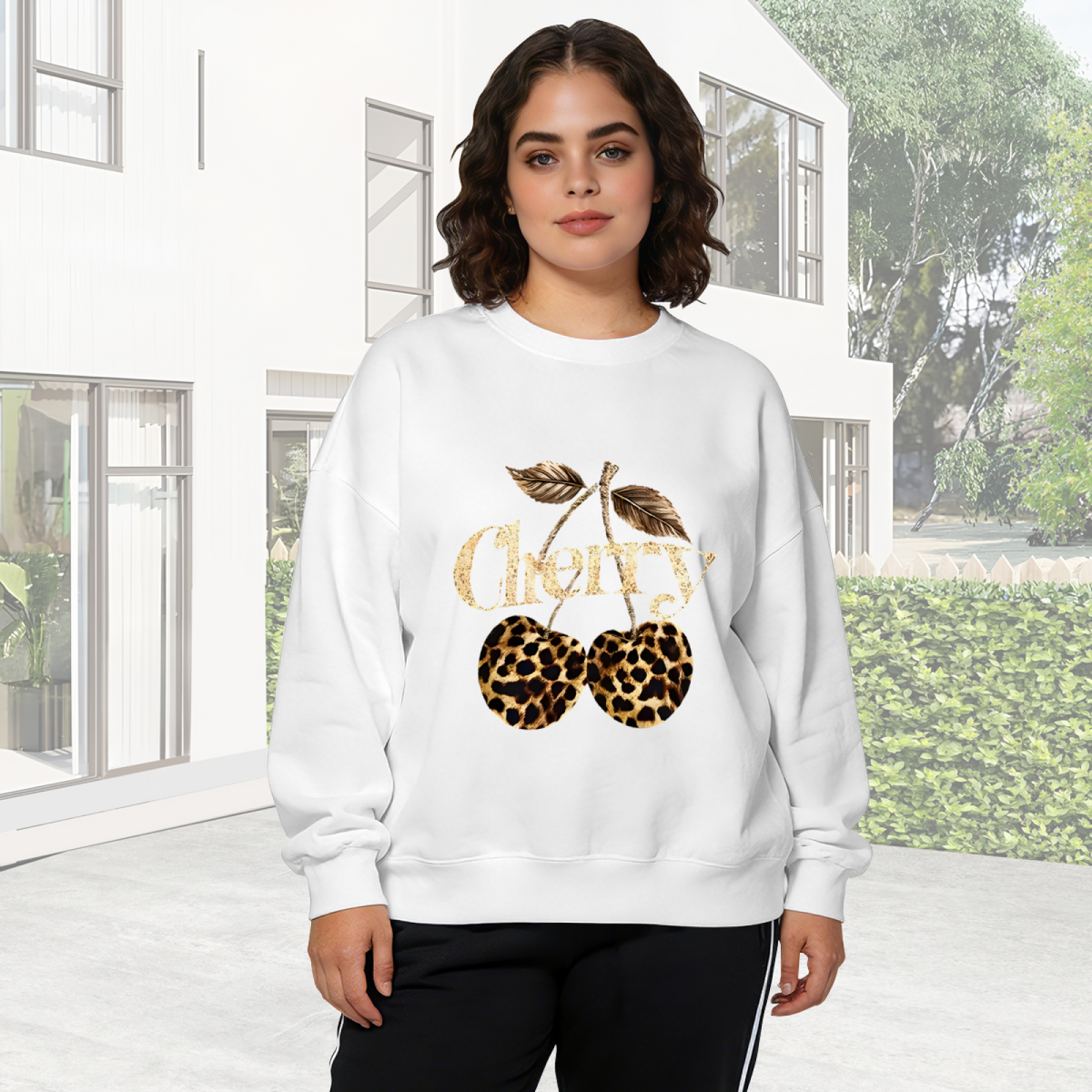 Trendy Leopard Print Cherry Golden Letter Crewneck Sweatshirt