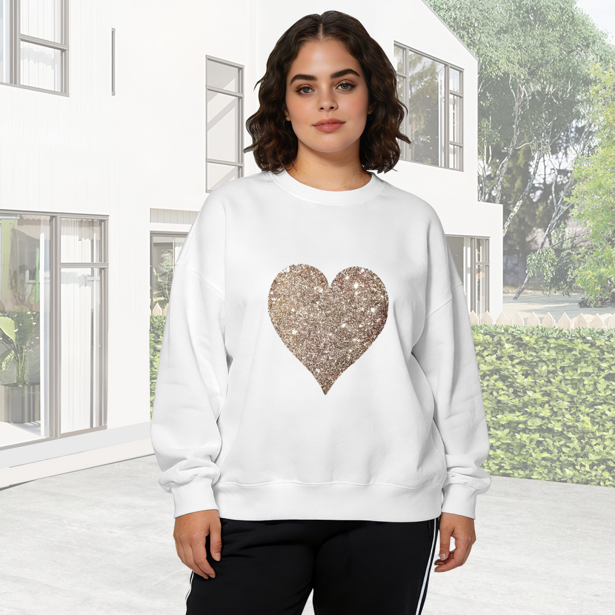 Sparkling Glitter Golden Heart Graphic Crewneck Sweatshirt