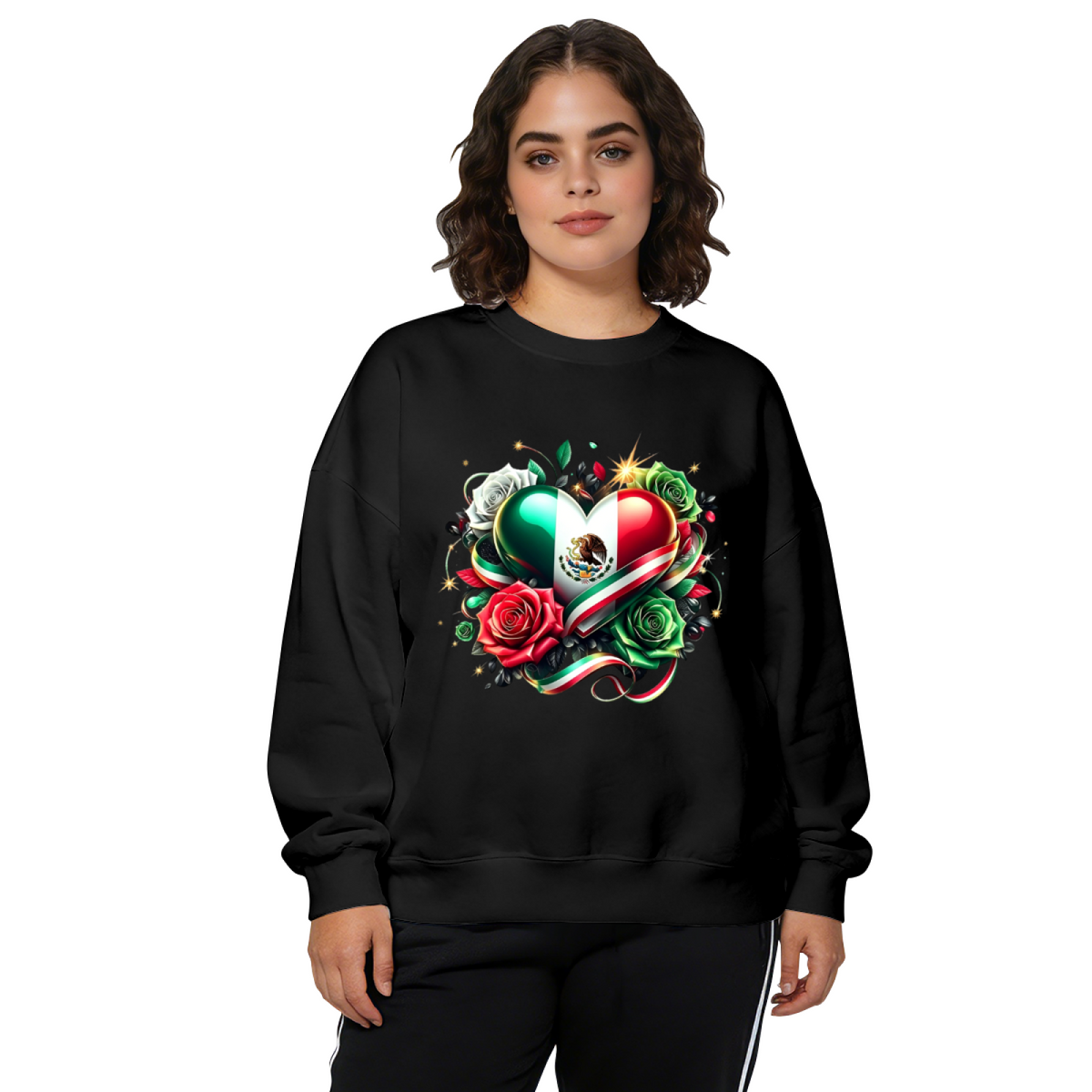 Mexico Flag Heart With Vibrant Roses Graphic Crewneck Sweatshirt