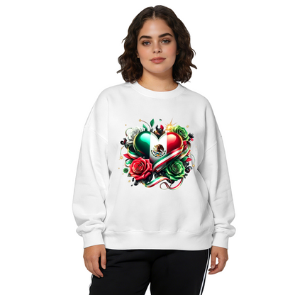 Mexico Flag Heart With Vibrant Roses Graphic Crewneck Sweatshirt