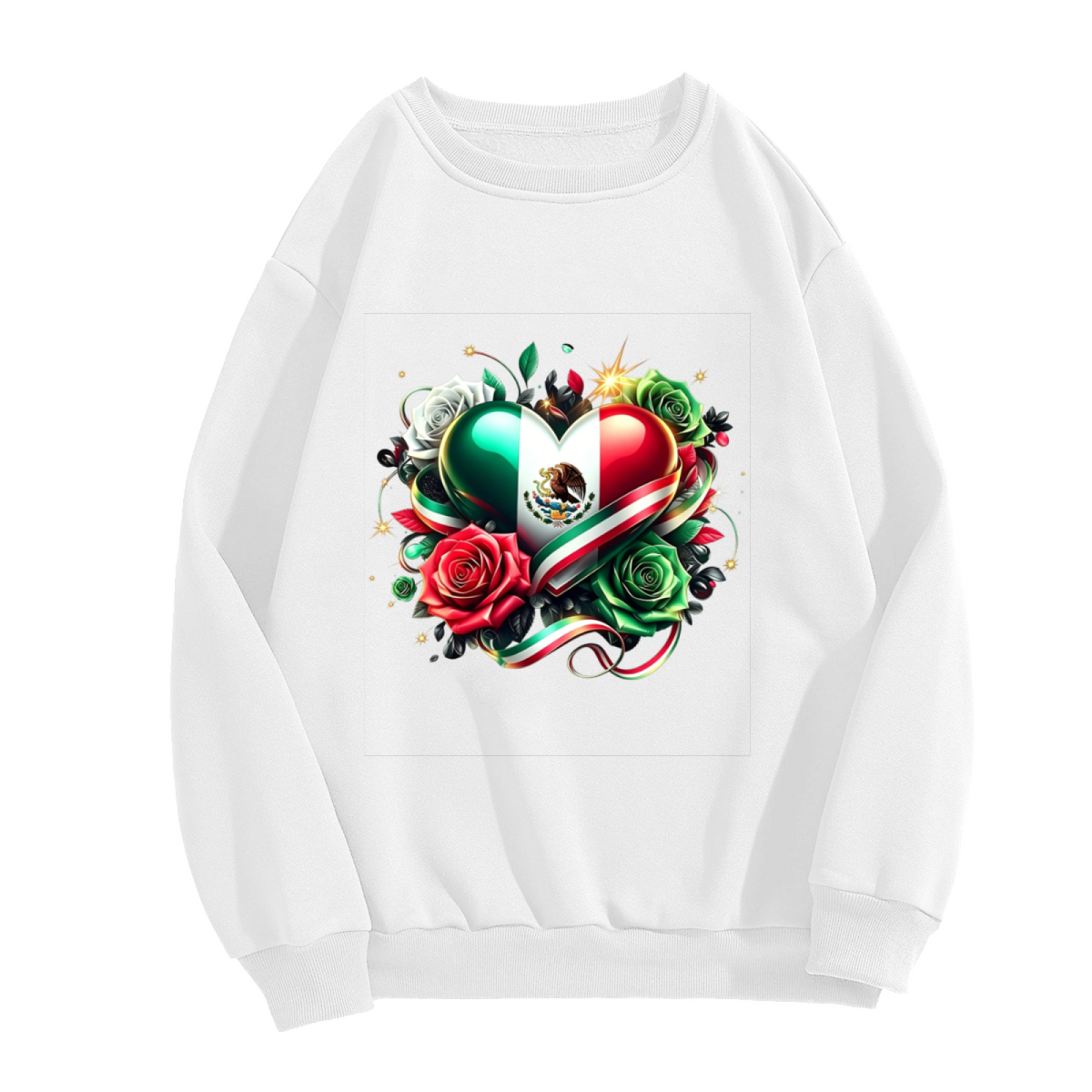 Mexico Flag Heart With Vibrant Roses Graphic Crewneck Sweatshirt