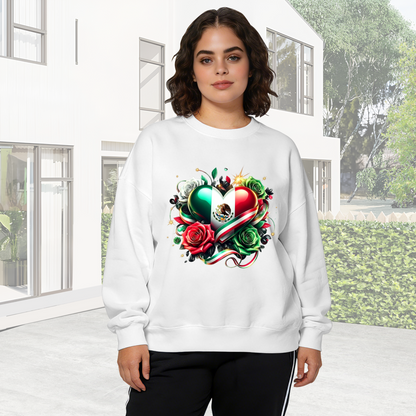 Mexico Flag Heart With Vibrant Roses Graphic Crewneck Sweatshirt