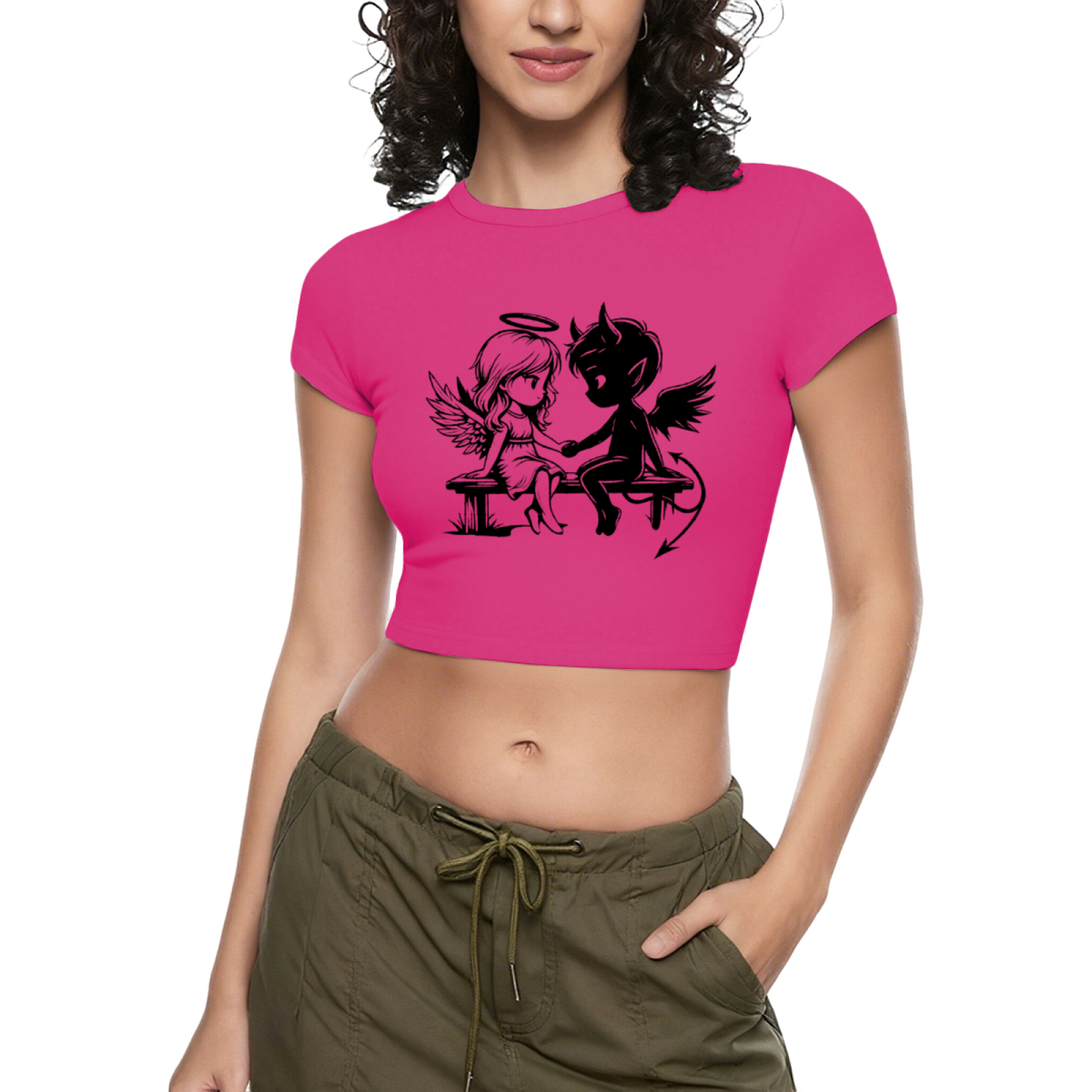 Daisy Love Heart Minimal Line Art Black Slim Crop Tee