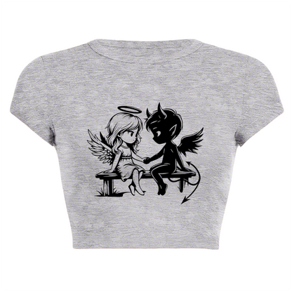 Daisy Love Heart Minimal Line Art Black Slim Crop Tee