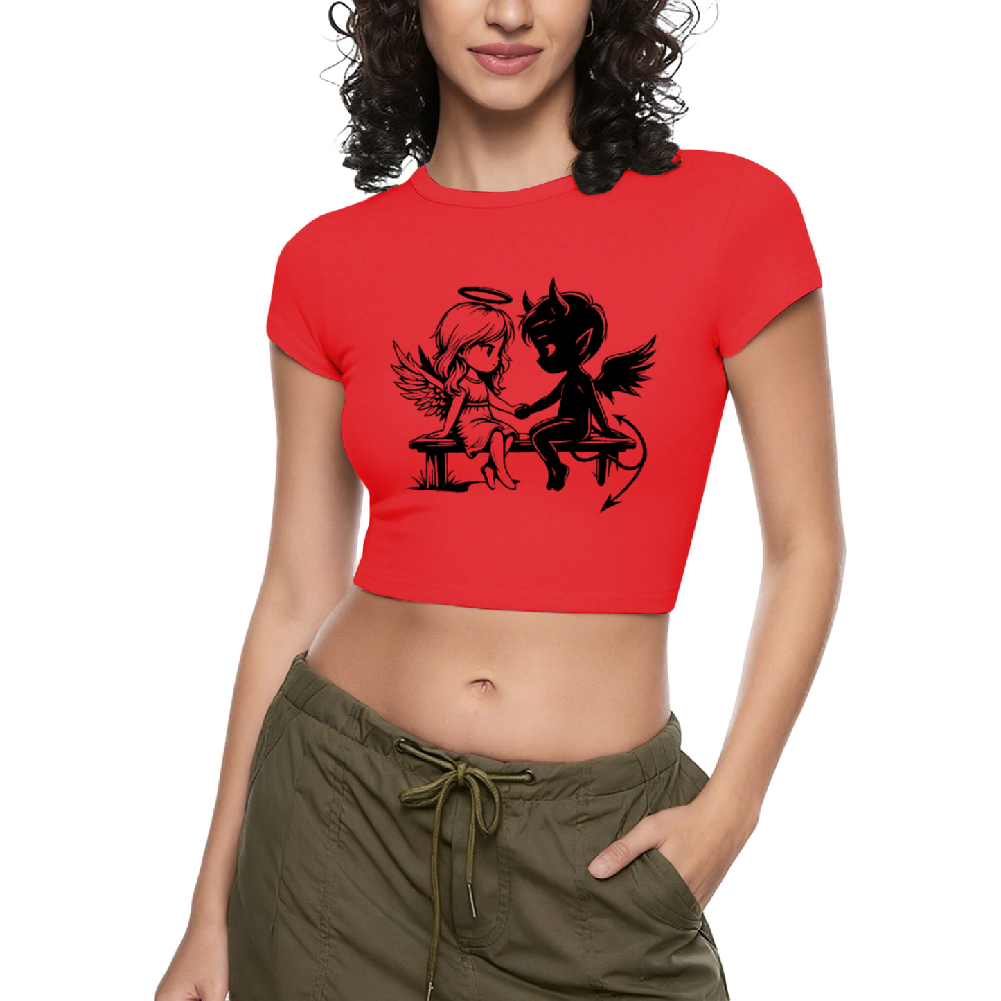 Daisy Love Heart Minimal Line Art Black Slim Crop Tee