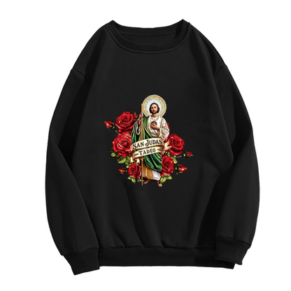 San Judas Tadeo With Red Roses Religious Crewneck Sweatshirt