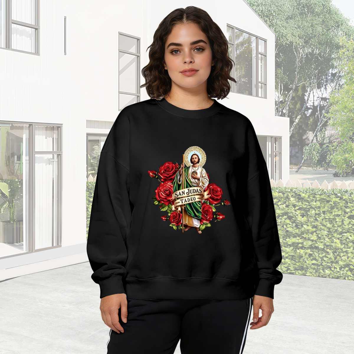 San Judas Tadeo With Red Roses Religious Crewneck Sweatshirt