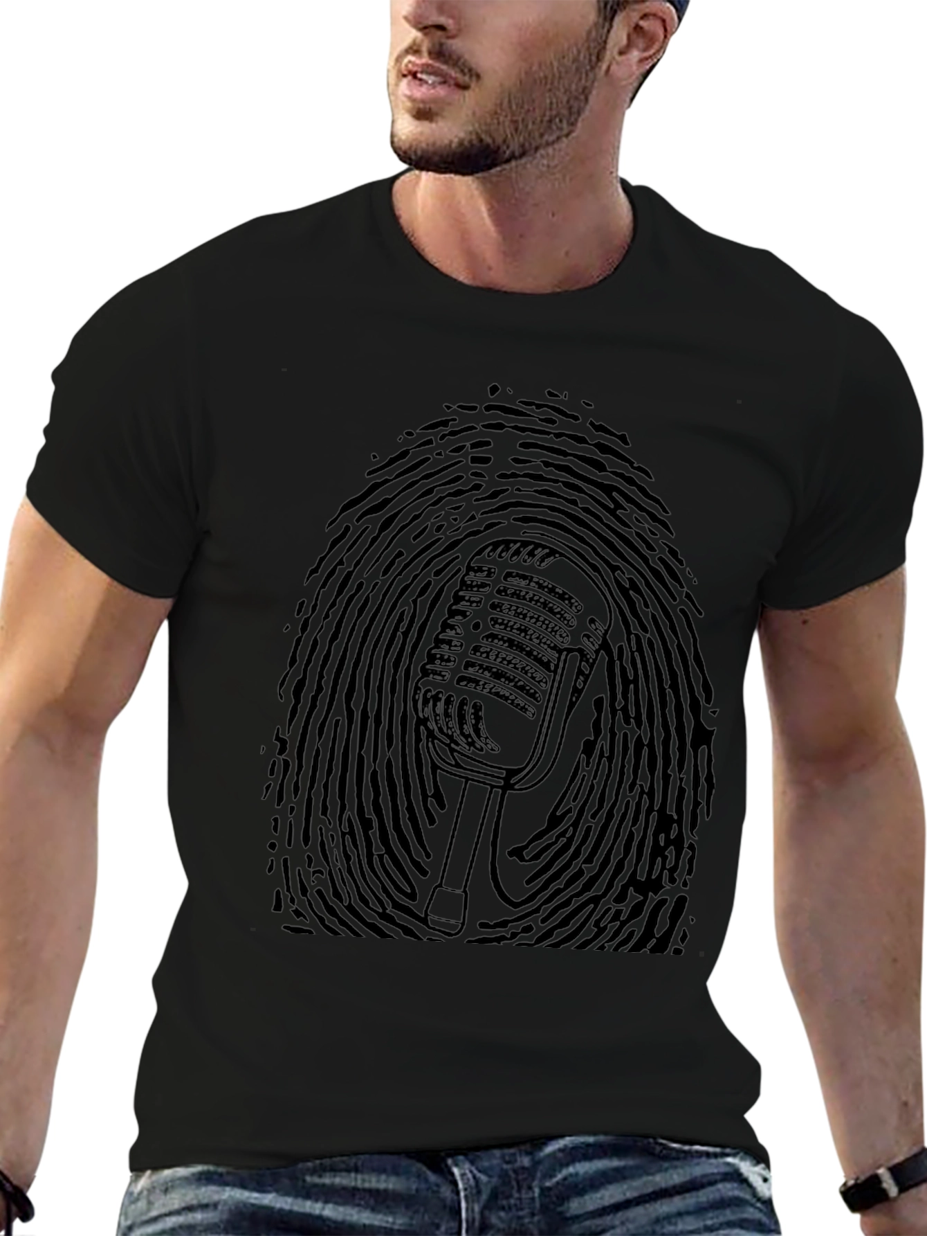 Retro Mic Fingerprint Graphic Tee - Black