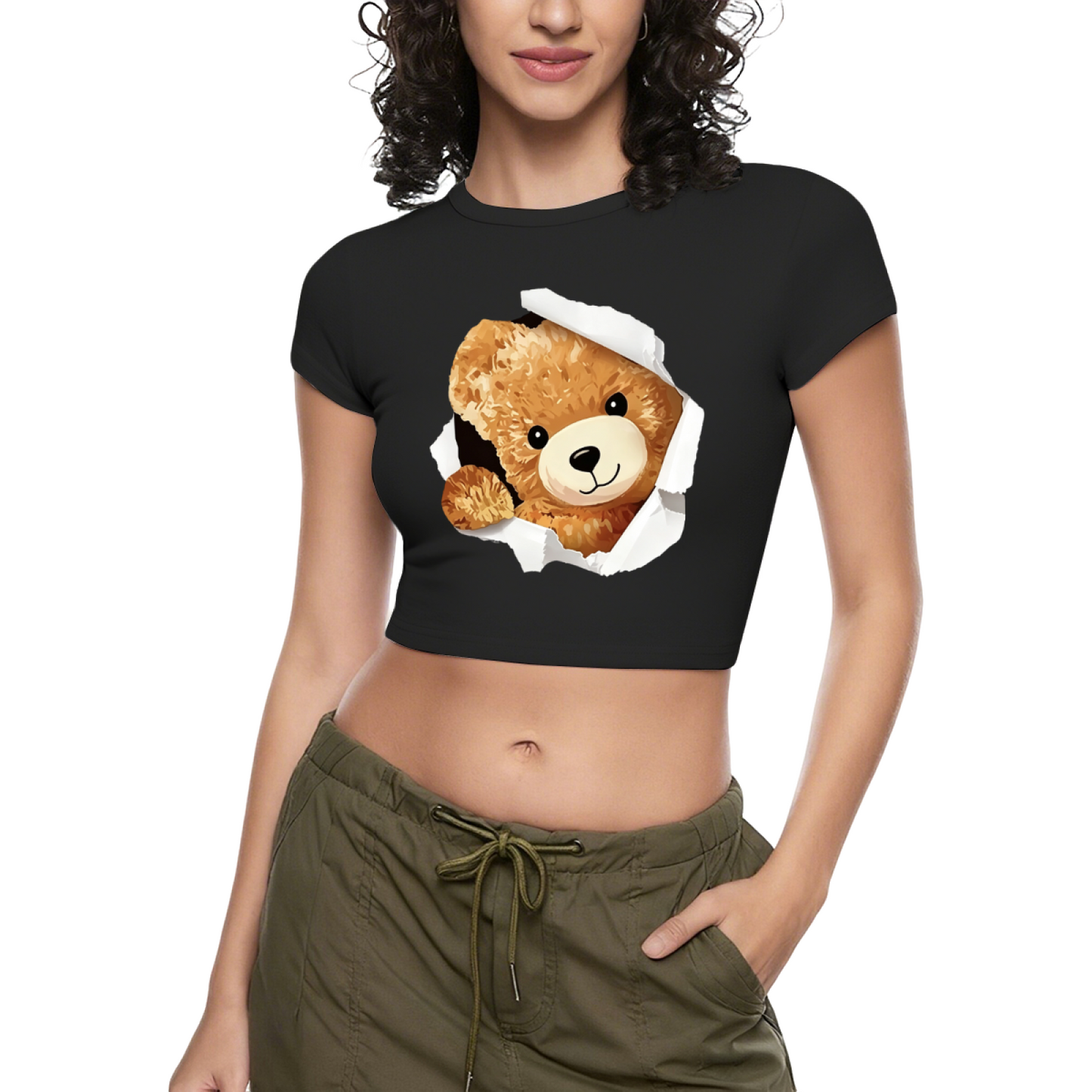 Torn Paper Fluffy Bear White Kawaii Crop T-Shirt