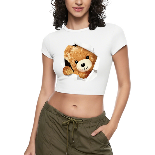 Torn Paper Fluffy Bear White Kawaii Crop T-Shirt