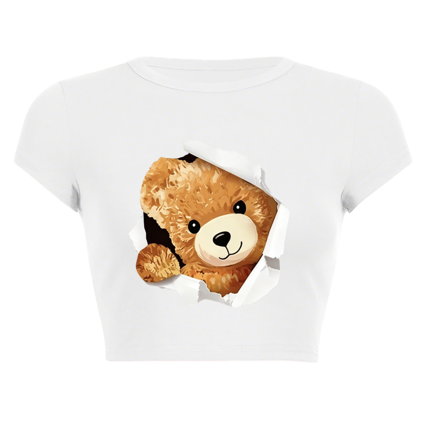 Torn Paper Fluffy Bear White Kawaii Crop T-Shirt