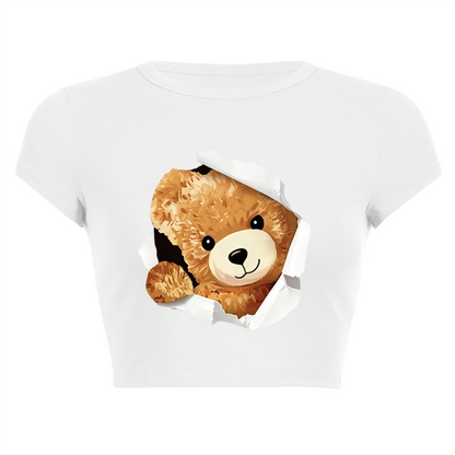 Torn Paper Fluffy Bear White Kawaii Crop T-Shirt
