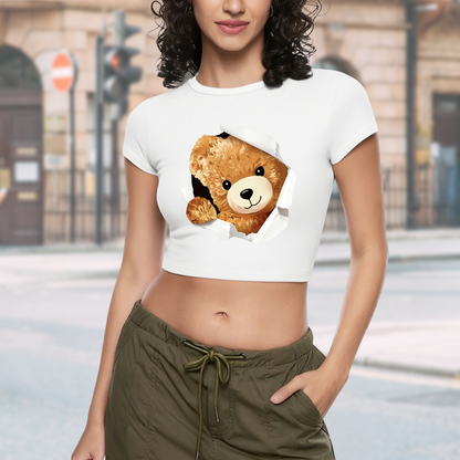 Torn Paper Fluffy Bear White Kawaii Crop T-Shirt
