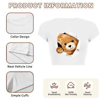 Torn Paper Fluffy Bear White Kawaii Crop T-Shirt