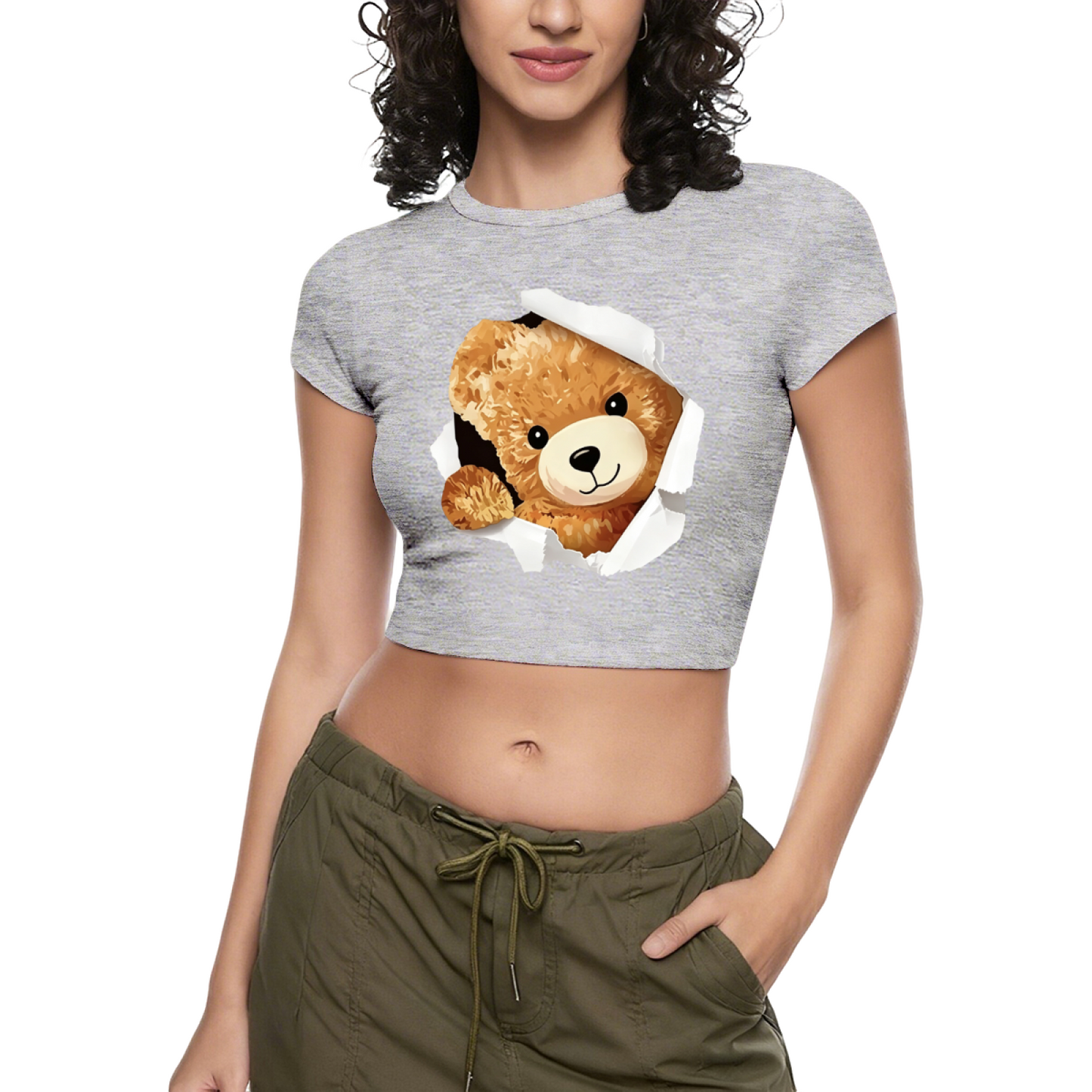 Torn Paper Fluffy Bear White Kawaii Crop T-Shirt