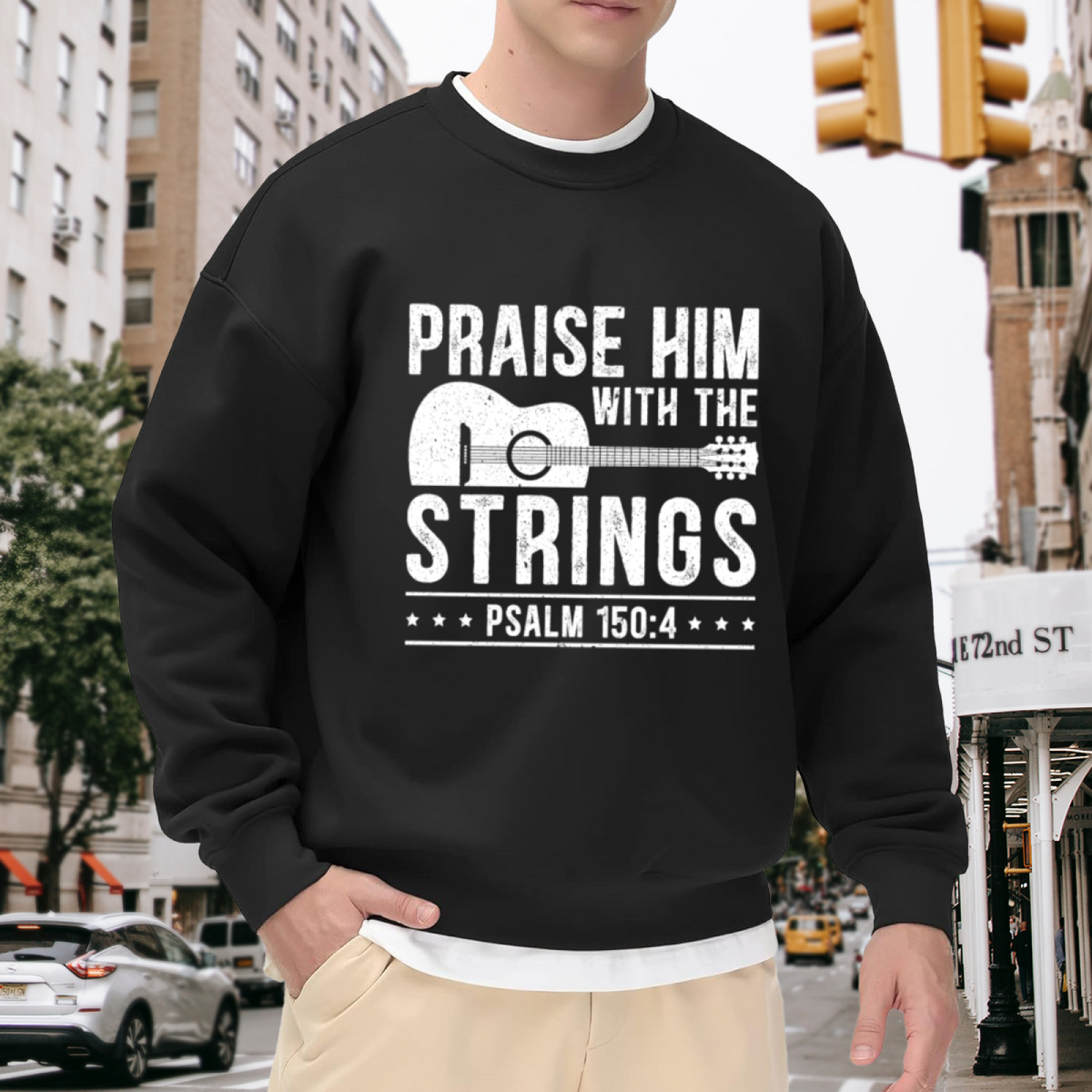 Praise Him With The Strings Psalm 150:4 Guitar Faith Crewneck Sweatshirt