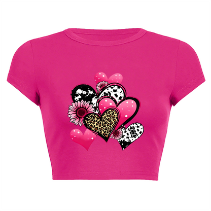 Cow Print & Leopard Heart Hot Pink Crop Top ¨C Cute Coquette Summer Tee 3.