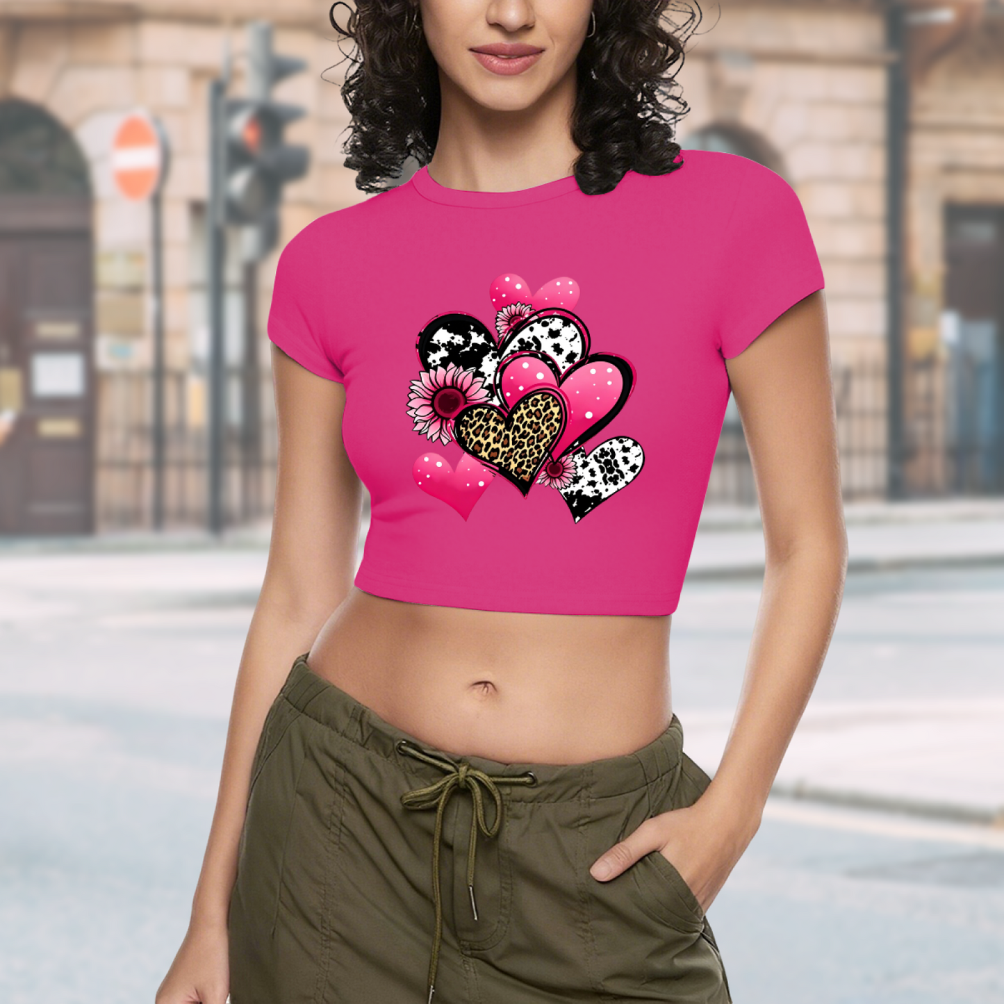 Cow Print & Leopard Heart Hot Pink Crop Top ¨C Cute Coquette Summer Tee 3.