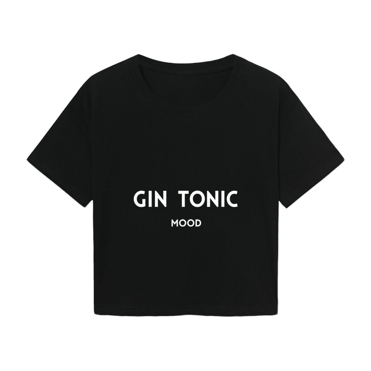 Minimalist Black Crop T-Shirt Printed With GIN TONIC MOOD Lettering