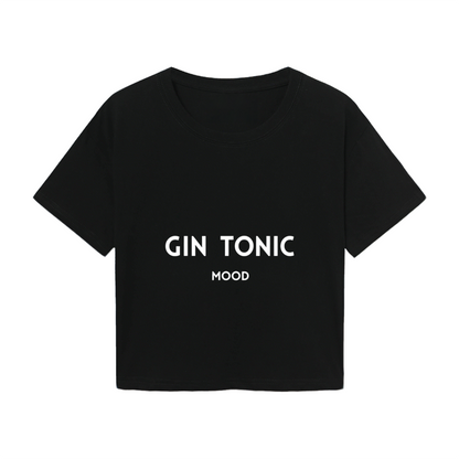 Minimalist Black Crop T-Shirt Printed With GIN TONIC MOOD Lettering