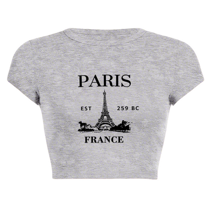 Retro Paris Eiffel Tower Grey Crop Tee ¨C Vintage Travel Aesthetic Top