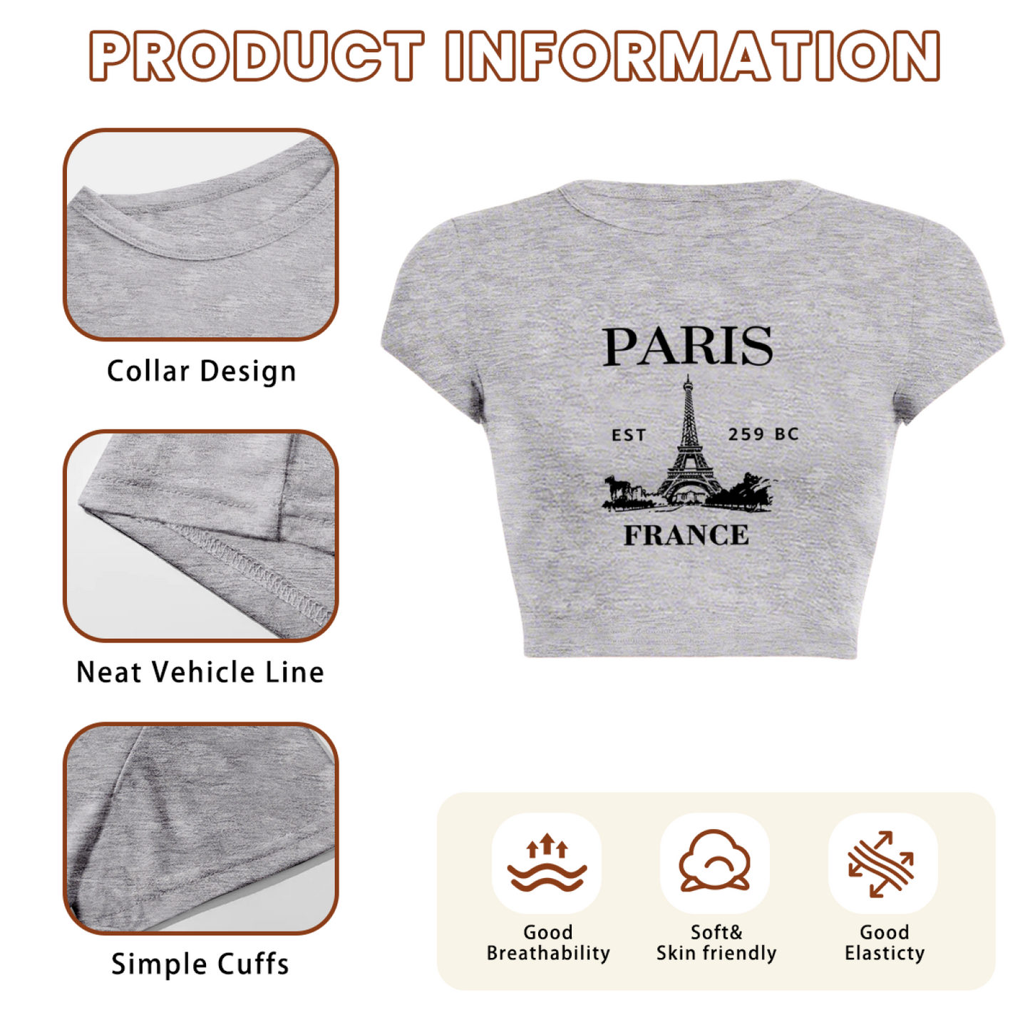 Retro Paris Eiffel Tower Grey Crop Tee ¨C Vintage Travel Aesthetic Top